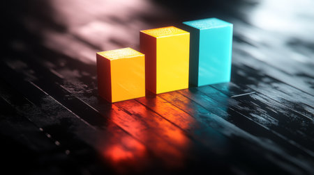 Vibrant bar graph in blue, orange, and yellow on a dark wooden surface, symbolizing growth and success in data analysis and business performance.の素材