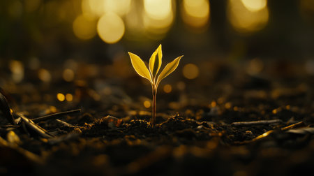 A small green plant sprouts from rich soil, bathed in warm sunlight. The image showcases nature's beauty and resilience, highlighting growth and tranquility.の素材