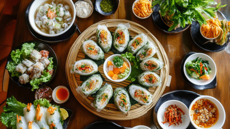 A vibrant display of Vietnamese cuisine featuring fresh spring rolls, herbs, and colorful ingredients, perfect for gatherings and culinary exploration.の素材