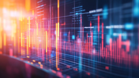 This abstract digital visualization showcases vibrant data trends in finance, ideal for illustrating market analysis, investment strategies, and technology concepts.の素材