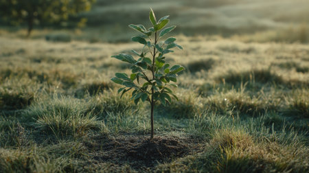 A young tree emerges from the earth in a sunlit meadow, symbolizing growth and renewal in nature. This serene landscape captures the beauty of the environment and the importance of nurturing life.の素材
