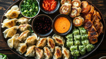 A stunning platter featuring a variety of dumplings, showcasing different flavors and textures. Perfect for diners looking to enjoy shared plates.の素材