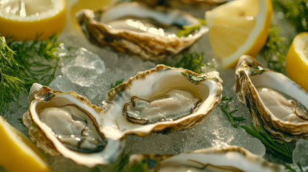 Indulge in fresh oysters served on ice, garnished with lemon and dill. A perfect delicacy for a sophisticated dining experience or a summer seafood feast.の素材