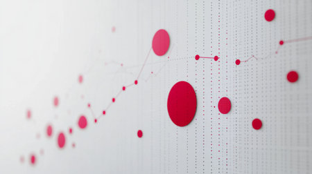 A modern abstract data visualization featuring red circles and connecting lines, ideal for business analysis, technology presentations, and data-driven designs.の素材