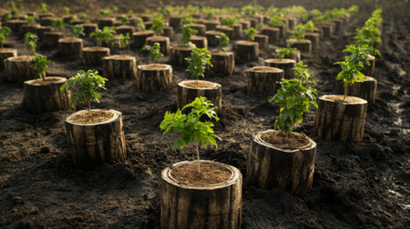 Rows of young plants cultivated in wooden planters create a beautiful garden scene, highlighting the essence of growth and sustainability in agriculture.の素材