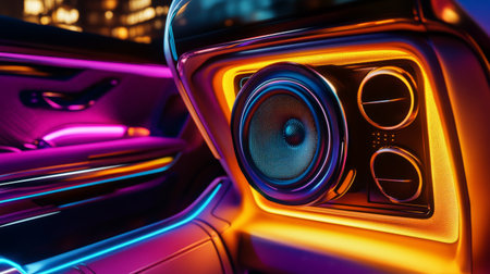 Stunning close-up of a vibrant car audio system featuring an illuminated speaker, showcasing modern design elements and a colorful ambiance perfect for any enthusiast.の素材