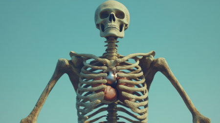 A detailed skeleton model stands against a clear sky, showcasing the human skeletal structure. Ideal for educational purposes, biology studies, and scientific illustrations.の素材