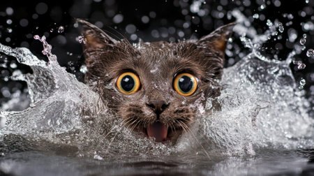 A surprised cat splashes in water, capturing a playful moment. The photo showcases the cat's wide eyes and fur droplets, highlighting its lively personality.の素材