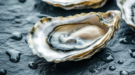 A visually stunning close-up of a fresh oyster on a dark slate surface, accentuated by water drops. Perfect for culinary presentations and gourmet food displays.の素材