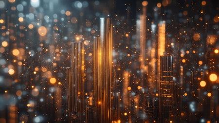 A stunning cityscape featuring tall buildings illuminated by vibrant lights. The scene is enhanced with sparkling effects, creating an enchanting atmosphere at night.の素材