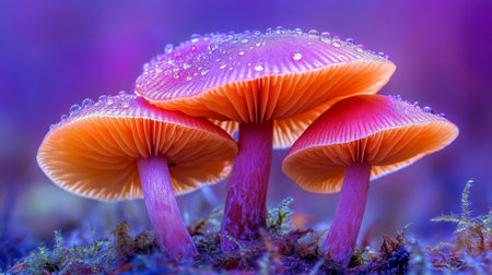 Discover the beauty of vibrant mushrooms adorned with dew drops, set against a colorful, dreamy background. A perfect capture of nature's delicate artistry.の素材
