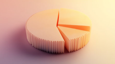 This 3D render showcases a minimalist pie chart design in soft orange hues, perfect for data visualization and modern presentations in business and marketing contexts.の素材