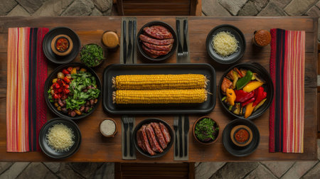 An inviting rustic table displays a variety of delicious grilled foods, including corn, sausages, and fresh vegetables, perfect for gatherings.の素材