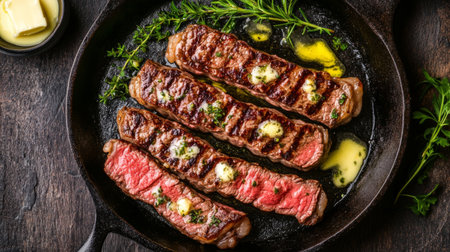 A succulent grilled steak served on a cast iron skillet, topped with butter and fresh herbs. Perfect for culinary enthusiasts and food lovers.の素材