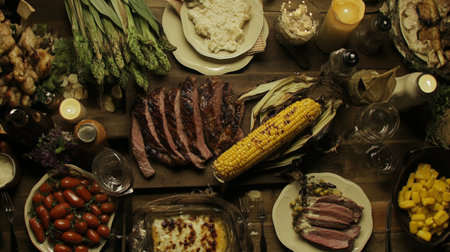 This image showcases a vibrant feast with fresh ingredients artfully arranged on a rustic table, highlighting the warmth of communal dining and celebration.の素材