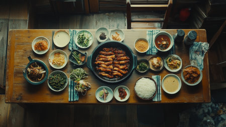 A vibrant table display featuring a variety of homemade dishes, showcasing colorful ingredients and a warm, inviting atmosphere perfect for family gatherings.の素材