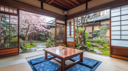 Beautiful view of a tranquil Japanese garden from a traditional room. Features a cherry blossom tree and a serene atmosphere perfect for relaxation.の素材