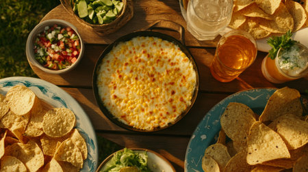 A vibrant outdoor spread featuring chips, dips, and beverages ideal for gatherings. Perfect for summer picnics, socializing, and enjoying fresh flavors.の素材