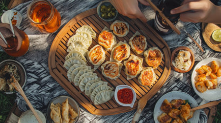 A vibrant assortment of Asian dumplings arranged artfully on a wooden platter, ideal for sharing at outdoor gatherings or picnics. Enjoy the flavors!の素材