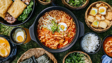 A vibrant display of various Asian noodle dishes served on a table, featuring rich broth, fresh herbs, and delicious accompaniments, perfect for sharing.の素材