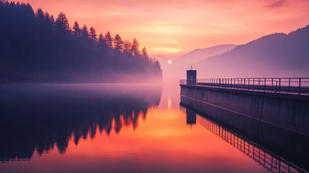 Experience the beauty of a serene sunset reflecting on calm waters, surrounded by mountains and trees, creating a tranquil and picturesque landscape.の素材