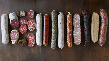 A colorful display of assorted sausages arranged neatly on a wooden surface, showcasing textures and flavors perfect for culinary enthusiasts and meat lovers.の素材