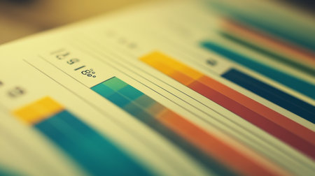 Close-up view of colorful graphs and charts showcasing data insights. Ideal for business reports, analysis, and presentations highlighting metrics and performance trends.の素材
