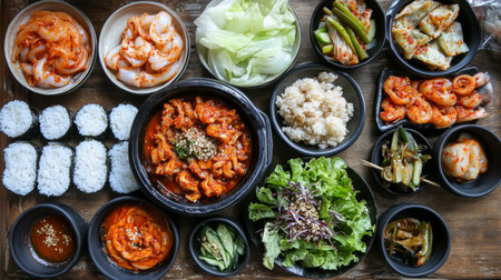 A vibrant arrangement of diverse Asian dishes showcasing shrimp, vegetables, and rice on a wooden platter, perfect for food photography and culinary inspiration.の素材
