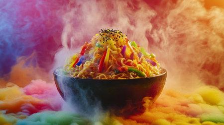A vibrant bowl of noodles topped with fresh vegetables, surrounded by colorful smoke, creating an artistic and appetizing visual experience.の素材