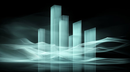 This abstract image features digital bars rising above flowing waves, representing data analysis and growth. Ideal for technology or finance themes.の素材