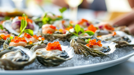 Indulge in a variety of fresh oysters elegantly presented on ice, topped with caviar and garnished with herbs, perfect for gourmet dining experiences.の素材
