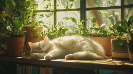 A fluffy cat peacefully sleeps on a warm table surrounded by lush green plants, capturing a serene moment filled with tranquility and natural beauty.の素材