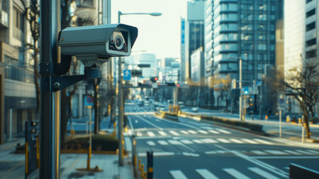 A modern surveillance camera mounted in an urban setting, monitoring a quiet city street. The scene captures a blend of technology and architecture, highlighting security in the metropolis.の素材