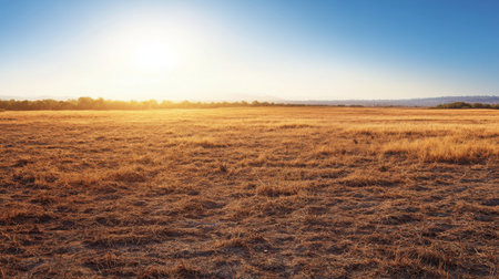 Golden sunlight bathes an expansive field at sunset, creating a tranquil atmosphere. This rich landscape showcases the beauty of nature and rural scenery.の素材