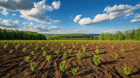 A picturesque landscape featuring young pine trees growing in neat rows under a vibrant blue sky with fluffy clouds, ideal for nature and agriculture themes.の素材