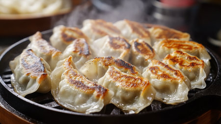 Mouthwatering steam fried dumplings served on a hot plate, creating a perfect appetizer or main dish. A delightful treat for food lovers.の素材