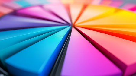 Close-up of a colorful geometric shape display showcasing a vibrant spectrum of colors. Ideal for art and design projects requiring a bold visual element.の素材