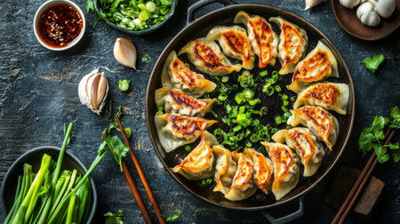A vibrant display of delicious dumplings on a rustic table, garnished with fresh herbs and accompanied by dipping sauce, perfect for any meal.の素材