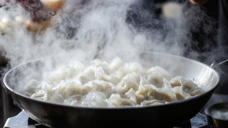 A close-up view of steaming dumplings in a pan, creating a delicious aroma in a bustling kitchen. Perfect for food lovers and culinary enthusiasts.の素材