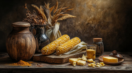 A rustic still life featuring corn, honey, cheese, and herbs, creating a warm and inviting atmosphere. Perfect for showcasing natural ingredients.の素材