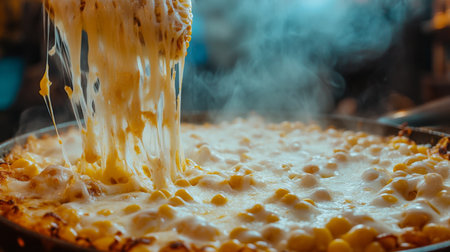 Enjoy a mouthwatering closeup of melted cheese over golden corn, showcasing steam and texture, perfect for food lovers and culinary enthusiasts.の素材