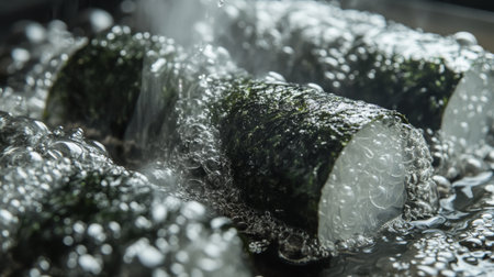 Fresh sushi rolls are being cooked in hot water, surrounded by bubbling steam. This close-up shot captures the texture and freshness, ideal for culinary themes.の素材