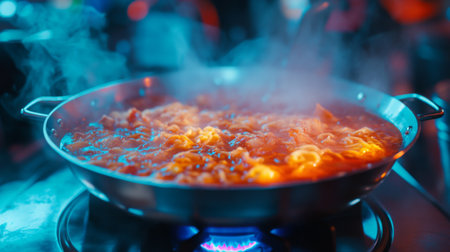 A vibrant pot of steaming food on a stove, showcasing the culinary process of cooking. The rich colors and textures create an enticing atmosphere.の素材