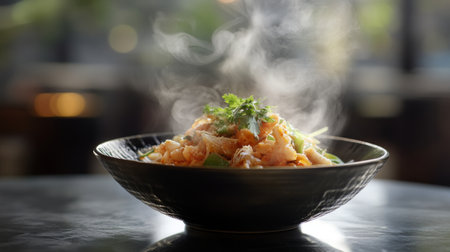 A steaming bowl of flavorful Asian noodles garnished with fresh herbs brings an inviting and appetizing touch to any dining experience.の素材