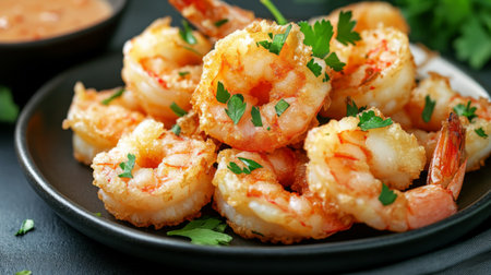 Crispy fried shrimp garnished with fresh herbs served on a black plate. A delightful seafood dish perfect for appetizers or main courses.の素材