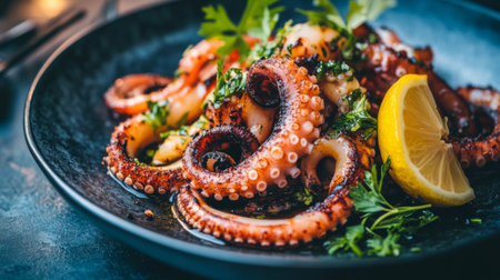 A beautifully arranged octopus dish garnished with fresh herbs and a lemon slice on a rustic plate, perfect for showcasing culinary artistry.の素材
