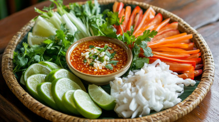 A vibrant display of fresh vegetables, including lime, celery, and bell peppers, paired with a spicy dipping sauce in a rustic platter. Ideal for appetizers.の素材