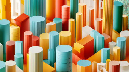 This vibrant abstract image features colorful 3D shapes combining geometric forms and textures, creating a dynamic and modern artistic composition suitable for various design projects.の素材