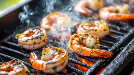 Juicy shrimp sizzling on the grill, infused with smoky flavor and herbs. Perfect for summer gatherings, outdoor cooking, or a gourmet meal.の素材