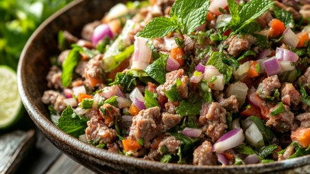 Delight in this fresh meat salad featuring mint, onions, and vibrant vegetables. Perfect for a healthy meal or gathering, this dish is full of flavor.の素材